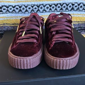 Size 6 Fenty burgundy suede shoes with platform.